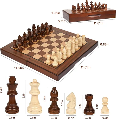 Miniatura 8 de Rinten Juego de ajedrez magnético de madera de 12 a 7 pulgadas, juego de tablero de ajedrez plegable portátil de viaje, juego de estrategia