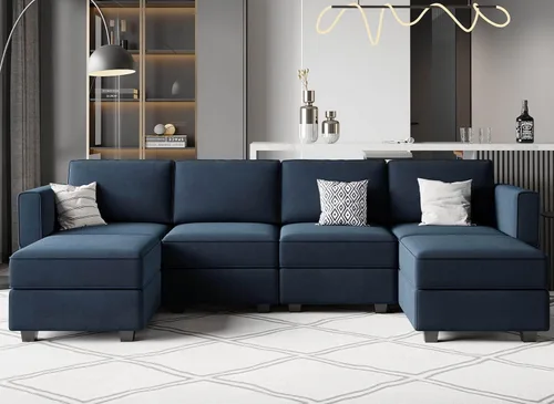 Miniatura 19 de Belffin Sofá modular en forma de U con tumbonas reversibles, de terciopelo, con asiento de almacenamiento, color negro