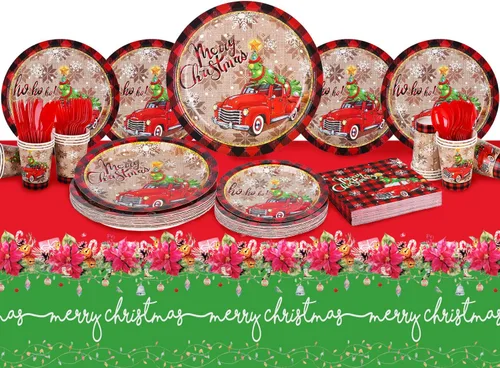Miniatura 7 de Suministros de fiesta de Navidad, platos de papel desechables, servilletas, vasos, cuchillos, cucharas, tenedores, mantel para decoraciones