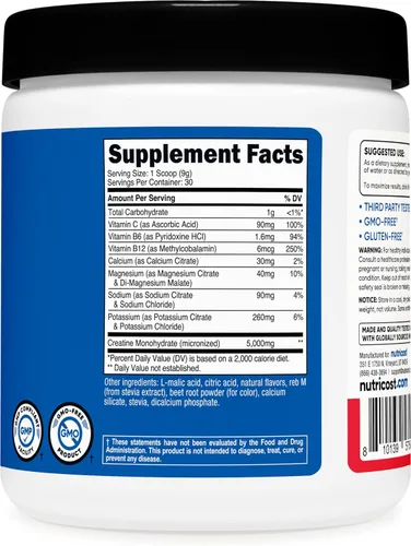 Miniatura 5 de Nutricost Monohidrato de creatina + hidratación sabor a ponche de frutas (30 porciones) – 7 vitaminas y minerales, 5000 mg de creatina por porción