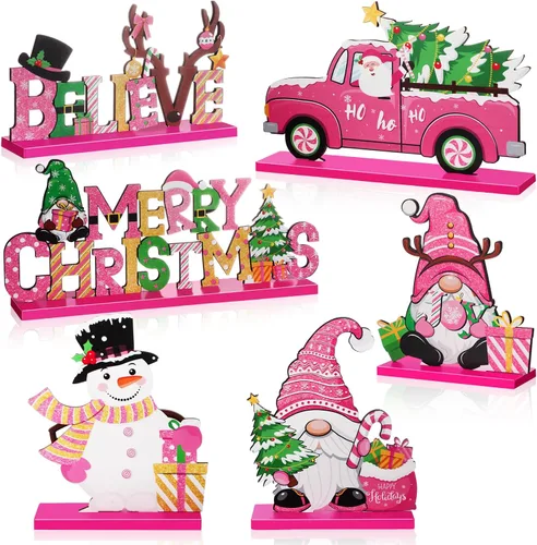 Miniatura 7 de Capoda 6 piezas de decoración de mesa de Navidad, centros de mesa de Navidad de madera, muñeco de nieve, Papá Noel, gnomo, letreros de Feliz