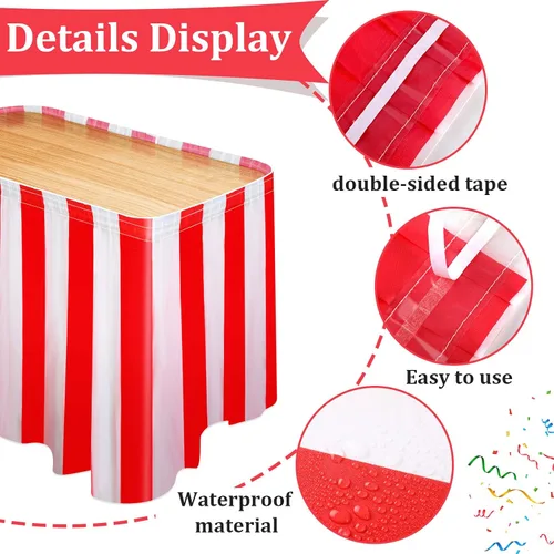 Miniatura 2 de Tegeme Paquete de 15 faldas de mesa de carnaval a rayas rojas y blancas, 165 x 30 pulgadas, manteles desechables de carnaval con banderines a rayas