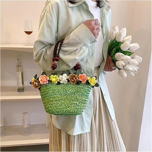 Miniatura 8 de Helenbra Bolso de mano de paja de flores para mujer, bolso de hombro con asa trenzada retro de verano, bolso de hombro bohemio para playa y viaje
