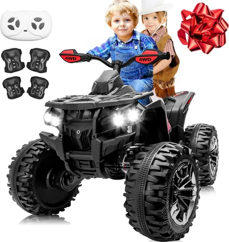 ATV 4 ruedas para niños, juguetes de paseo de 24 V 4WD con 2 plazas, motor potente de 4 x 200 W, funciona con batería de 9 AH, música Bluetooth,