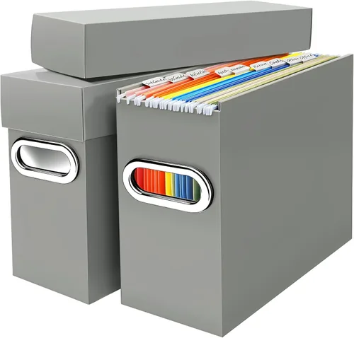 Miniatura 19 de Caja organizadora de archivos con tapa y asa, cajas de almacenamiento de carpetas de archivos colgantes de cartón grueso para tamaño carta, Negro