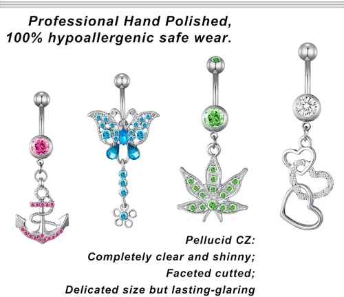 Miniatura 5 de 15 anillos de ombligo de acero inoxidable de 14 G para mujer con circonita cúbica AAA