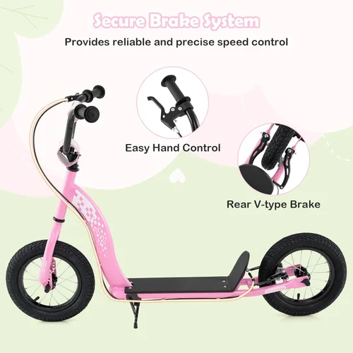 Miniatura 2 de GYMAX Patinete, Patinete de Empuje para Adultos, Adolescentes, Niños con Manubrio Ajustable, Ruedas Inflables de 12 Pulgadas, Freno de Pinza Rosa