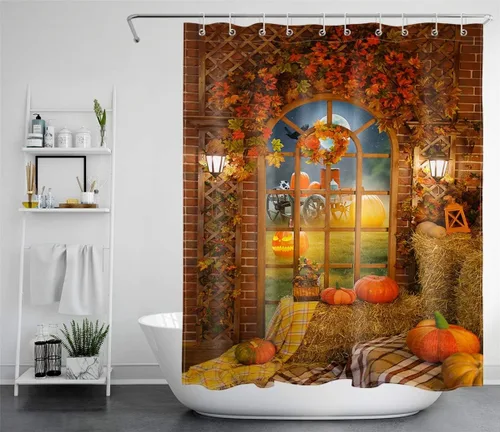 HVEST Cortina de ducha de calabaza otoñal, hojas de arce, Acción de Gracias, Halloween, noche, calabaza, farol, cuervo, luna llena, juego de cortina