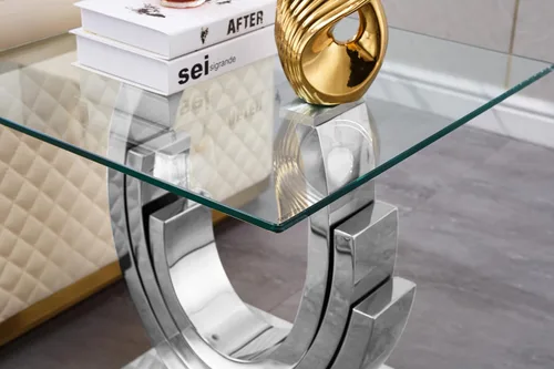 Miniatura 74 de Mesa de centro de cristal de lujo, mesa de centro de sofá de 47 pulgadas con marco de acero inoxidable dorado y parte superior de vidrio negro, mesa
