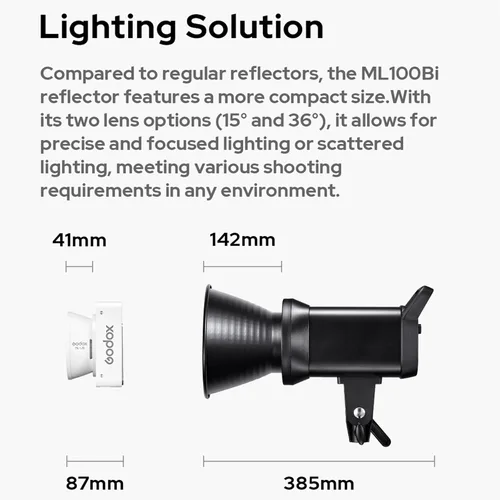 Miniatura 7 de Godox ML100Bi - Luz de video LED de mano de 120 W con reflector de lente de 15 ° 2800K-6500K TLCI 98+/CRI 97+ Fotografía portátil de mano (ML100 Bi)