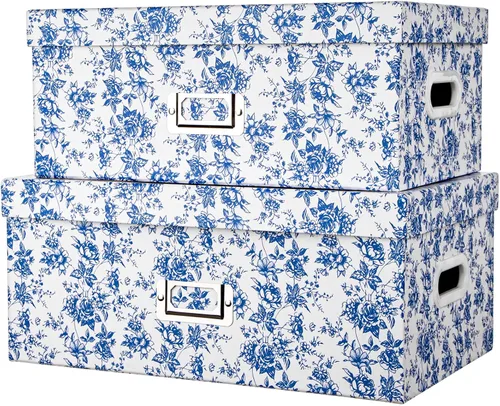 Briful Juego de 2 cajas de almacenamiento de porcelana azul y blanca con tapas, elegantes cubos organizadores de anidación floral, juego de cajas de