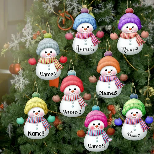 Adornos de Navidad personalizados con nombres, muñeco de nieve, 8 piezas, adorno familiar personalizado, decoración colgante de madera para árbol de