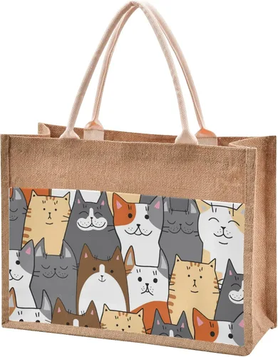 Miniatura 33 de CaTaKu Divertida bolsa de yute con asas y cremallera para gatos, bolsa de arpillera reutilizable con bolsillo frontal de lona, regalo para bodas, 12