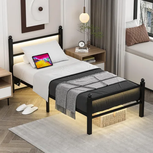Miniatura 7 de Marcos de cama individuales con estación de carga y luces LED, marco de cama de metal tamaño individual con cabecera y pie de cama, plataforma