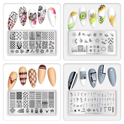 Miniatura 8 de Born Pretty Juego de placas de estampado de uñas, flores a cuadros, hojas, encaje, placas de imagen de arte de uñas de primavera a invierno, kit