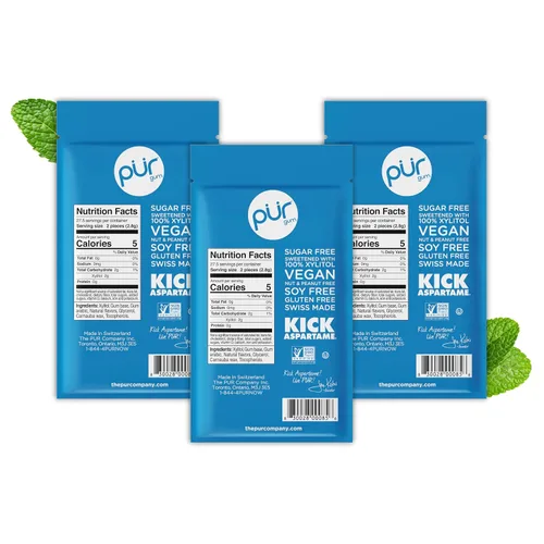 Miniatura 3 de PUR - Chicle de sabor menta piperita elaborado con 100 % xilitol, sin azúcar ni aspartamo, vegano y apto para dietas cetogénicas. Alivia la sequedad
