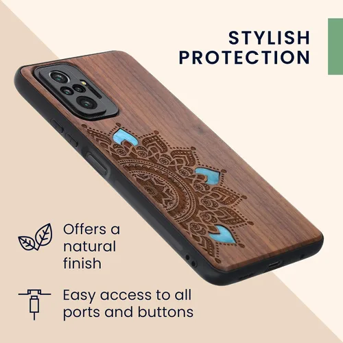 Miniatura 5 de kwmobile Funda de madera compatible con Xiaomi Redmi Note 10 Pro - Funda - Rising Sun Mother of Pearl Marrón oscuro