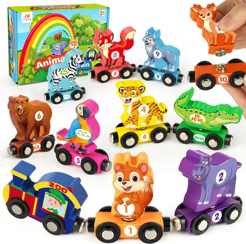 Vanmor Juego de tren de madera para niños pequeños, juguetes magnéticos de tren de números de animales para edades de 3 a 5, juguetes de aprendizaje
