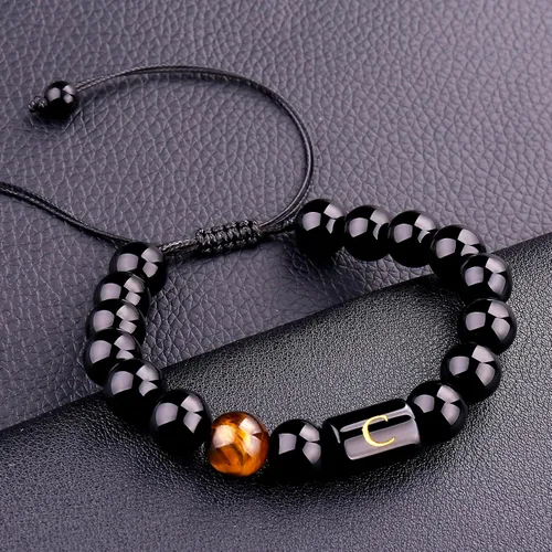 Miniatura 17 de SUMMER LOVE Regalos para el Día del Padre, pulsera con inicial de piedra de ónix negro de 0.394 pulgadas para hombres, pulsera de cuerda trenzada