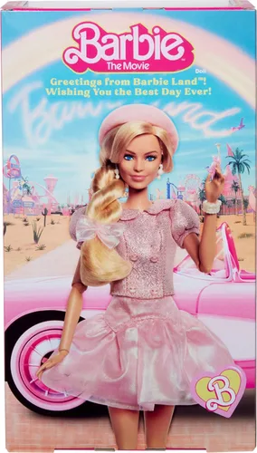 Miniatura 6 de Muñeca de Barbie de la película, Margot Robbie como, coleccionable con blusa rosa y conjunto de tutú con falda, con cabello peinado y joyería a juego
