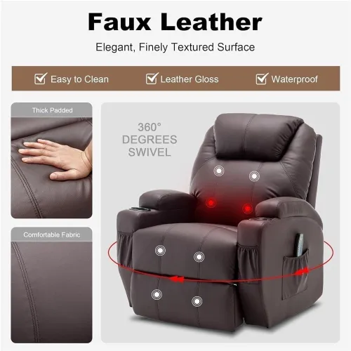 Miniatura 4 de Sillón reclinable giratorio con calor y masaje, silla reclinable eléctrica con control remoto, portavasos y puerto USB, asiento de gran