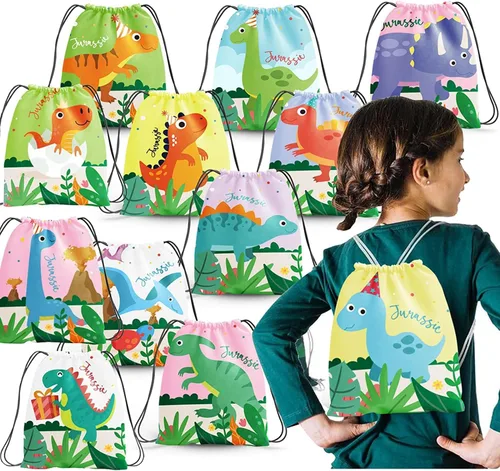 Paquete de 12 bolsas con cordón para fiestas de dinosaurios, mochila con cordón Jurassic Dino como bolsas de botín y regalos para regalos,
