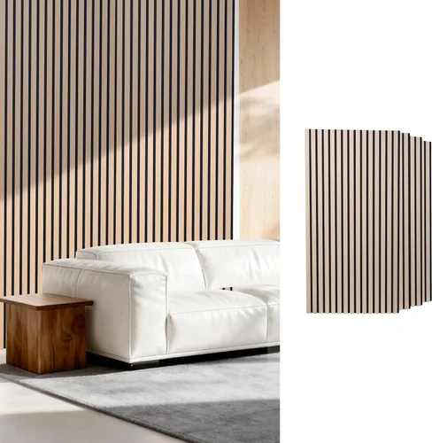 Miniatura 9 de Paneles de pared de listones de madera acústica, paneles insonorizados de roble blanco para decoración de paredes interiores, diseño moderno, 94 x