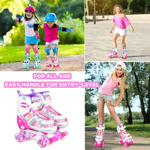 Miniatura 5 de Luyata Patines ajustables para niñas y niños, 4 tamaños de 6 a 12 y 3 a 5 años, patines para niños con 8 ruedas brillantes que se iluminan, 3 Rosa