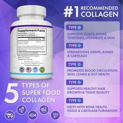 Miniatura 2 de Toplux Complejo de péptidos de colágeno múltiple de 1800 mg - Complejo tipo I, II, III, V, X Complejo de colágeno premium para una mejor piel y One