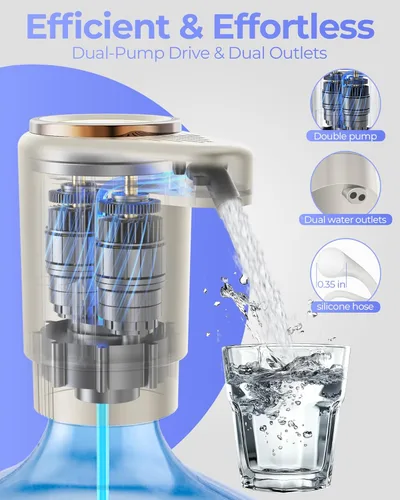 Miniatura 2 de Bomba de jarra de agua para botella de 5 galones, dispensador de carga eléctrico portátil USB-C, motores duales potentes, flujo rápido, se adapta a