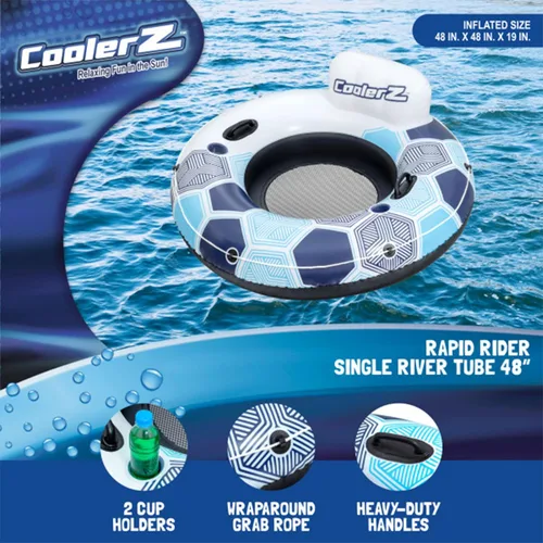 Miniatura 2 de Bestway 15496 CoolerZ Rapid Rider Inflatable River Lake Pool Inner Tube Float with Built in Backrest and Wrap Around Grab Rope, Blue Hexagon