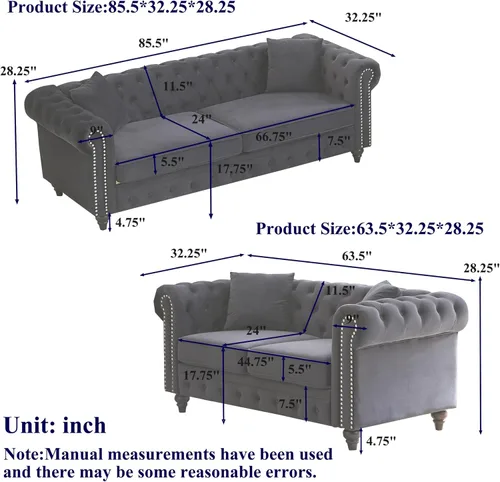 Miniatura 2 de Juego de sofá moderno de 2 piezas de mediados de siglo, sofá Chesterfield retro con botones copetudos, muebles para la sala, cómodo asiento profundo