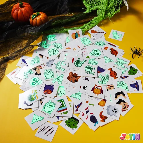 Miniatura 6 de JOYIN 306 tatuajes de Halloween para niños, tatuajes temporales brillantes en varios diseños a granel para niños, regalos de dulce o truco