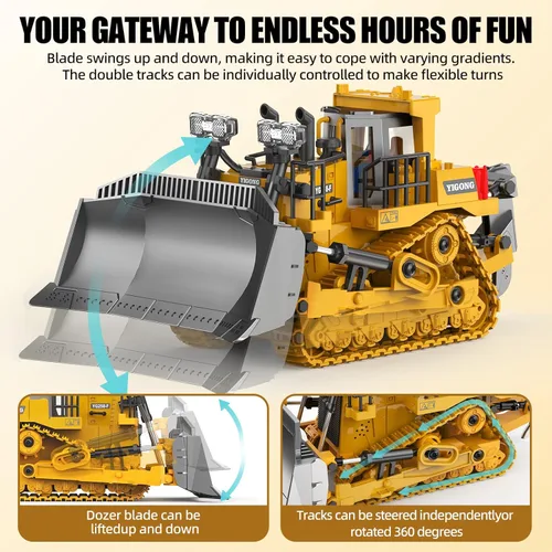 Miniatura 4 de Bulldozer de juguete RC con hoja de metal, luz y sonido, 9CH 2.4GHz control remoto camión de construcción, tractor topador juguetes para niños de 3