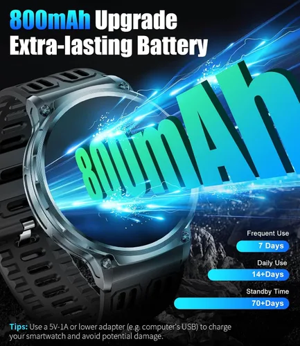 Miniatura 5 de LIGE Reloj inteligente militar para hombre, 1.85 pulgadas HD/800 mAh batería inteligente relojes para Android iOS