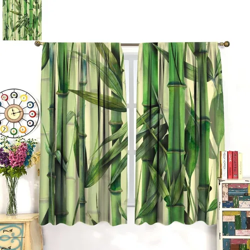 Miniatura 3 de Cortinas con estampado de bambú verde natural, plantas asiáticas, japonesas, tallos rústicos, hojas, cortina de selva con bolsillo para cortinero