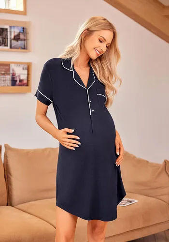 Miniatura 2 de Ekouaer Camisones de lactancia para lactancia materna de manga corta con botones para trabajo y parto, vestido de maternidad para hospital