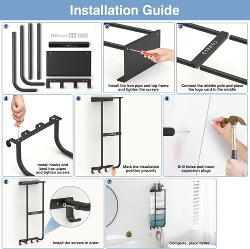 Miniatura 4 de Toallero para baño, toallero de pared de metal negro con estante y 4 ganchos, organizador de almacenamiento de toallas de baño