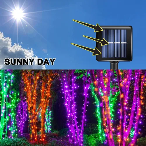 Miniatura 5 de Luces Solares de Halloween Moradas y Naranjas para Exteriores, Total 80 Pies 240 LED Solares Impermeables Luces de Hadas 8 Modos Luces de Alambre