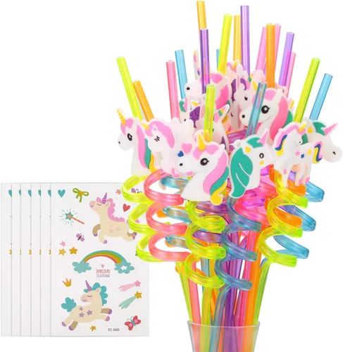 24 pajitas de plástico reutilizables de unicornio + 6 tatuajes temporales para niñas | Suministros para fiesta de cumpleaños – Decoraciones de