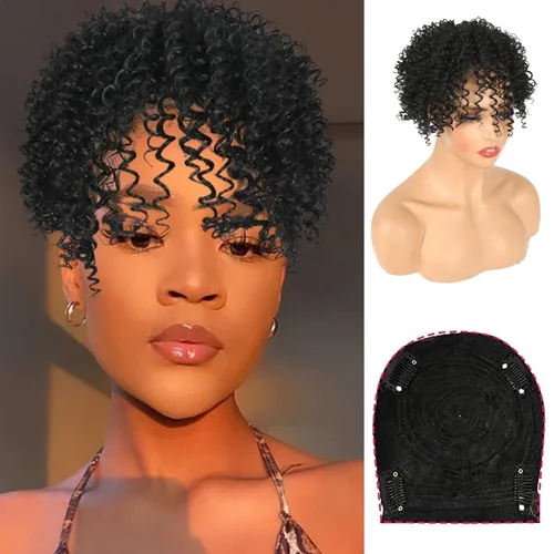 Oseti Peluca de cabello rizado afro negro corto con clip en piezas sintéticas para mujeres con cabello delgado, pelucas negras suaves naturales para