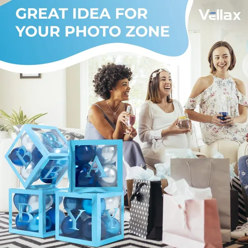 Miniatura 7 de Cajas de baby shower con letras - Cajas azules metálicas con globos metálicos azules y plateados - Juego de 44 piezas para revelación de género