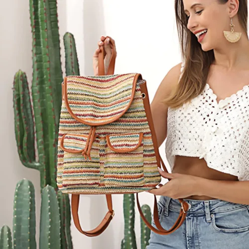 Miniatura 2 de Meyaus Mochila de paja hecha a mano para mujer, con solapa, cordón y cordón, Marrón claro, Mochilas Daypack