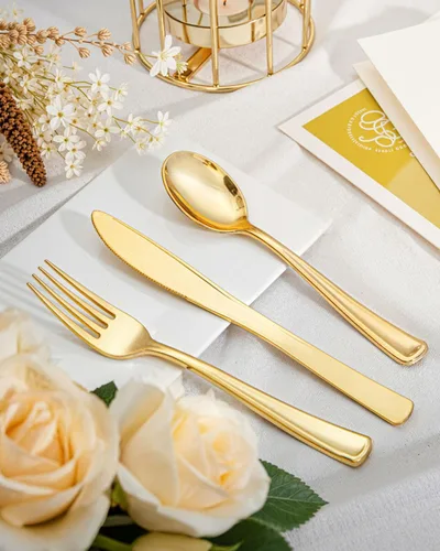 Miniatura 4 de bUCLA 600 cubiertos de plástico dorado – Utensilios dorados desechables – Juego de cubiertos de plástico resistente – 200 tenedores, 200 cucharas