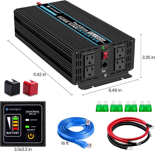 Miniatura 8 de NOVOPAL Inversor de corriente de onda sinusoidal pura de 1000 W, 1000 W, 12 V CC a 110 V 120 V CA, 4 salidas de CA, 1 puerto USB para automóvil, RV