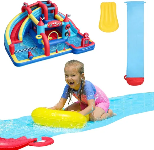 ELEMARA Tobogán acuático inflable para niños de 19.1 pies con rociadores, bodyboard, parque acuático grande para jugar al aire libre en verano Azul