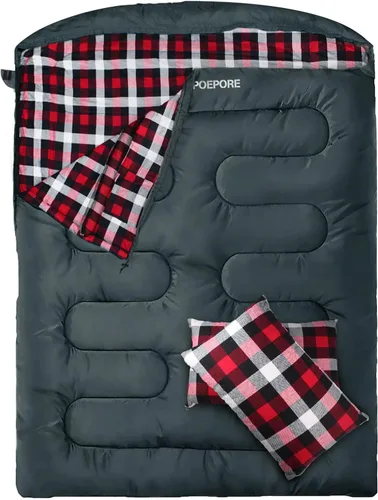 Miniatura 10 de Saco de dormir doble de franela para adultos con 2 almohadas, sacos de dormir para 2 personas, camping, XXL, tamaño Queen, saco de dormir para dos