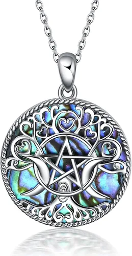YFN Collar de diosa de triple luna plata de ley pentagrama pentagrama ópalo pagano wiccano magia amuleto de árbol de la vida joyería para mujeres y