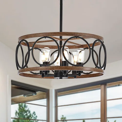 Miniatura 15 de Lámpara colgante de tambor de granja de 4 luces, 12.6 pulgadas, textura de madera natural, candelabros rústicos vintage, lámparas colgantes 12.6in-4