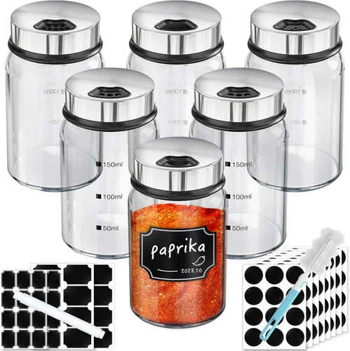 Miniatura 25 de Segarty Tarros de especias con tapas cocteleras, paquete de 6 botellas de vidrio de 4 onzas con tapa de acero inoxidable, recipientes de vidrio